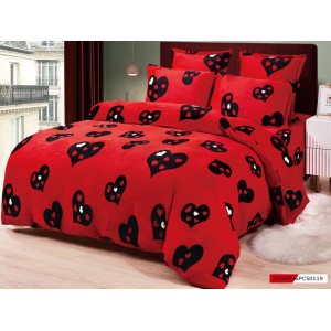 Lenjerie pat dublu, Super Pufoasa COCOLINO, 6 piese, Rosu-Negru, inimioare