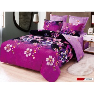 Lenjerie pat dublu, Super Pufoasa COCOLINO, 6 piese, Mov-Negru, flori