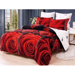 Lenjerie pat dublu, Super Pufoasa COCOLINO, 6 piese, Rosu-Alb-Negru, trandafiri