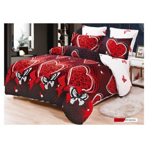 Lenjerie pat dublu, Super Pufoasa COCOLINO, 6 piese, Rosu-Negru, inimioare, flori