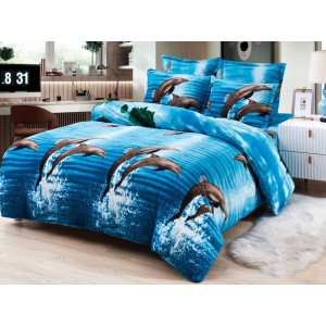 Lenjerie pat dublu, Super Pufoasa COCOLINO, 6 piese, Albastru-Multicolor, delfini