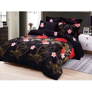 Lenjerie pat dublu, Super Pufoasa COCOLINO, 6 piese, Negru-Multicolor, flori