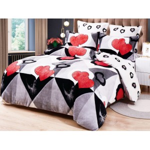 Lenjerie pat dublu, Super Pufoasa COCOLINO, 6 piese, Rosu-Alb-Negru, forme geometrice, inimioare