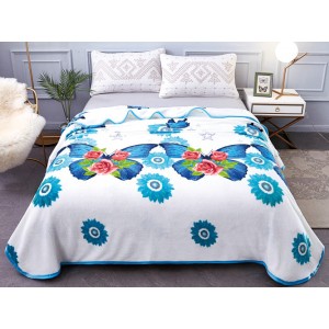 Patura pufoasa cocolino 200x230cm, 300gr/mp, Alb-Albastru, Fluturi, Flori