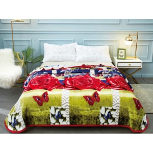 Patura pufoasa cocolino 200x230cm, 300gr/mp, Rosu-Verde, Fluturi, Trandafiri