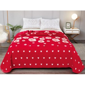 Patura pufoasa cocolino 200x230cm, 300gr/mp, Rosu-Alb, inimioare, flori