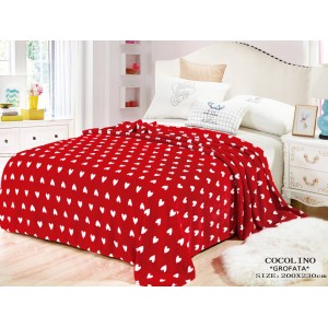 Patura pufoasa cocolino gofrata 200x230cm, 300gr, Rosu-Alb, Inimioare