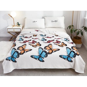 Patura pufoasa cocolino gofrata 200x230cm, 300gr, Alb-Albastru, fluturi