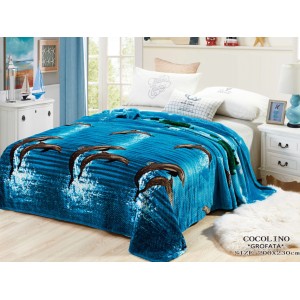 Patura pufoasa cocolino gofrata 200x230cm, 300gr/mp, Albastru-Gri, Delfini