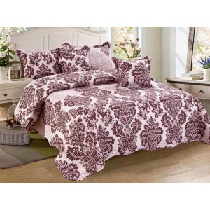 Cuvertura pat dublu din Bumbac Finet, 5 PIESE, Bej-Maro, model clasic