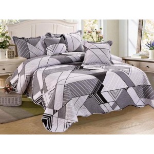 Cuvertura pat dublu din Bumbac Finet, 5 PIESE, Gri, linii