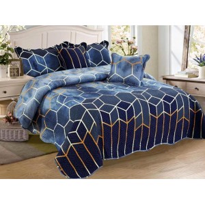 Cuvertura pat dublu din Bumbac Finet, 5 PIESE, Albastru, forme geometrice