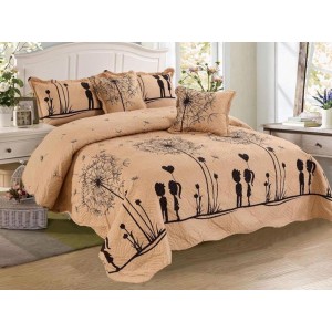 Cuvertura pat dublu din Bumbac Finet, 5 PIESE, Bej-Negru, papadii, inimioare