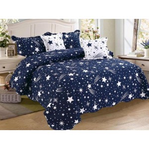 Cuvertura pat dublu din Bumbac Finet, 5 PIESE, Bleumarin, stelute