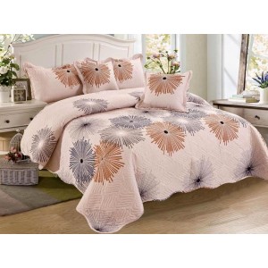 Cuvertura pat dublu din Bumbac Finet, 5 PIESE, Bej-Gri, model clasic