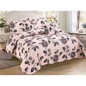 Cuvertura pat dublu din Bumbac Finet, 5 PIESE, Bej-Gri, flori