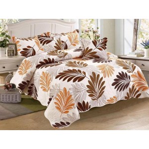 Cuvertura pat dublu din Bumbac Finet, 5 PIESE, Bej-Portocaliu, frunze