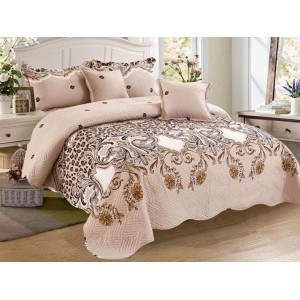 Cuvertura pat dublu din Bumbac Finet, 5 PIESE, Bej-Maro, floral, animal print