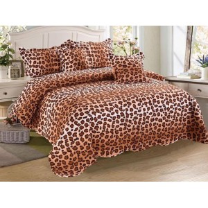 Cuvertura pat dublu din Bumbac Finet, 5 PIESE, Maro, animal print