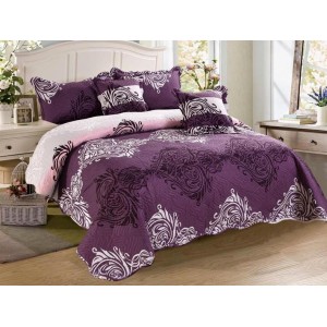 Cuvertura pat dublu din Bumbac Finet, 5 PIESE, Mov, model clasic