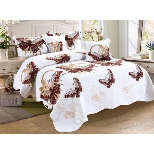 Cuvertura pat dublu din Bumbac Finet, 5 PIESE, Crem-Maro, fluturi