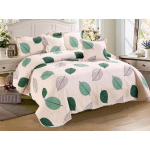 Cuvertura pat dublu din Bumbac Finet, 5 PIESE, Crem-Verde, frunze