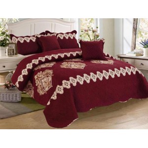 Cuvertura pat dublu din Bumbac Finet, 5 PIESE, Visiniu, model clasic
