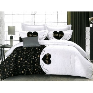 Lenjerie pat dublu,  FINET, 6 piese, Alb-Negru, inimioare, stelute