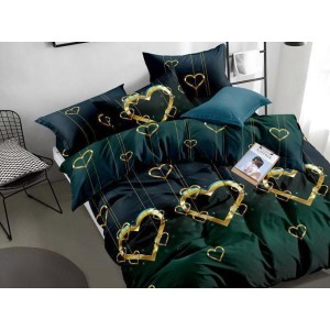 Lenjerie pat dublu,  FINET, 6 piese, Verde-Auriu, inimioare