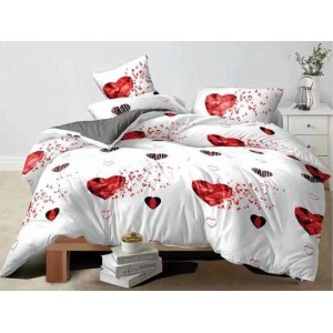 Lenjerie pat dublu,  FINET, 6 piese, Alb-Rosu, inimioare