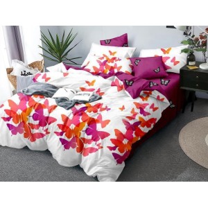 Lenjerie pat dublu,  FINET, 6 piese, Alb-Roz, fluturi