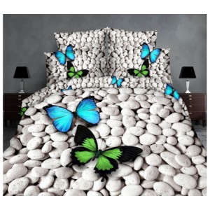 Lenjerie pat dublu,  FINET, 6 piese, Gri-Albastru-Verde, fluturi