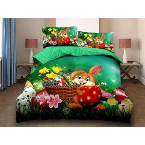 Lenjerie pat dublu,  FINET, 6 piese, IDENTICA CU POZA, Verde-Multicolor, iepuras, flori