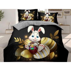 Lenjerie pat dublu,  FINET, 6 piese, IDENTICA CU POZA, Negru-Multicolor, iepuras