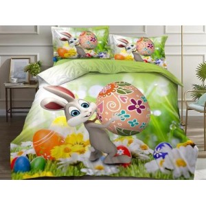 Lenjerie pat dublu,  FINET, 6 piese, IDENTICA CU POZA, Verde-Multicolor, iepuras, flori