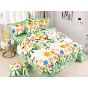 Lenjerie pat dublu,  FINET, 6 piese, cu VOLANASE, Alb-Verde, flori