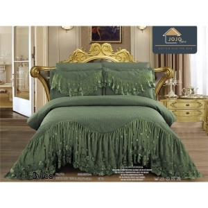 Cuvertura pat dublu, 3 piese, Bumbac Finet, 220x280cm, cu volanase si broderie, Jojo Home, Kaki