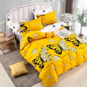 Lenjerie pat dublu,  FINET, 6 piese, cu ELASTIC, Jojo Home, Galben-Alb, fluturi