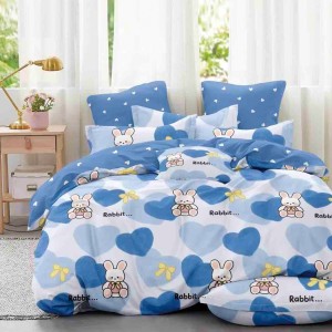 Lenjerie pat 1 PERSOANA,  FINET, 4 piese, Jojo Home, Bleu-Alb, inimioare