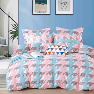 Lenjerie pat 1 PERSOANA,  FINET, 4 piese, Jojo Home, Bleu-Roz, model pepit