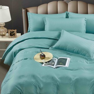 Lenjerie HoReCa, pat dublu, Damasc Finetat Deluxe cu Elastic, 6 piese, Jojo Home, Bleu Aqua