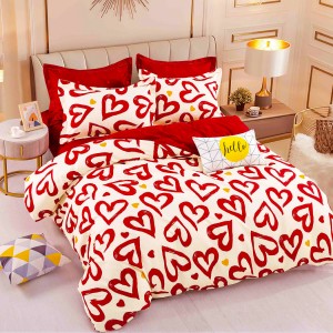 Lenjerie pat 1 PERSOANA,  FINET, 4 piese, Jojo Home, Crem-Rosu, inimioare