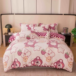 Lenjerie pat 1 PERSOANA, Super Pufoasa COCOLINO, 4 piese, Jojo Home, Roz, ursuleti, capsune, stelute