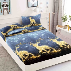 Cearsaf cu elastic, Bumbac FINET, 160/180x200cm, 2 fete de perne 50x70cm, Jojo Home, Craciun, Bleumarin, reni