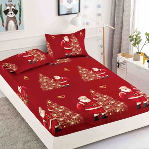 Cearsaf cu elastic, Bumbac FINET, 160/180x200cm, 2 fete de perne 50x70cm, Jojo Home, Craciun, Rosu, Mos Craciun, brazi