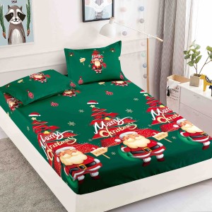 Cearsaf cu elastic, Bumbac FINET, 160/180x200cm, 2 fete de perne 50x70cm, Jojo Home, Craciun, Verde, Mos Craciun, brazi