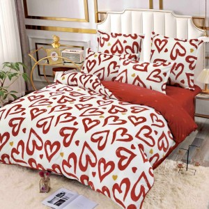 Lenjerie pat dublu, Super Pufoasa COCOLINO, 6 piese, Jojo Home, Crem-Rosu, inimioare