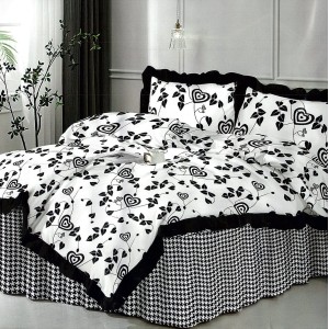 Lenjerie pat dublu, Ralex Pucioasa, Bumbac Satinat, 4 piese, 3D Digital Print, Alb-Rosu, inimioare, trandafiri