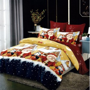 Lenjerie de pat dublu, FINET 6 piese, cu ELASTIC, Rosu, Mos Craciun
