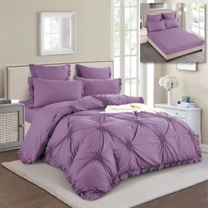 Lenjerie pat dublu,  Soft Touch, 6 piese, ELASTIC, cu VOLANASE si INIMIOARE BRODATE, Mov